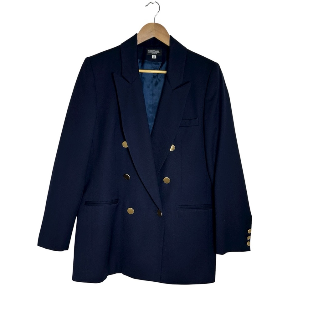 AMBITIONS USA Vintage‎ Wool 90s Blue Double Breasted Gold Tone Buttons Blazer 10